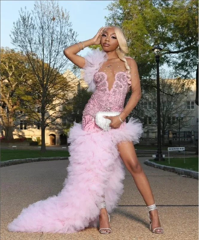 floral midi dressLong Sleeve Pink Ruffle Mermaid Prom Dresses Sparkly Rhinestones Beaded Black Girls Side Slit Luxury Long Prom Gala Gowns 2024