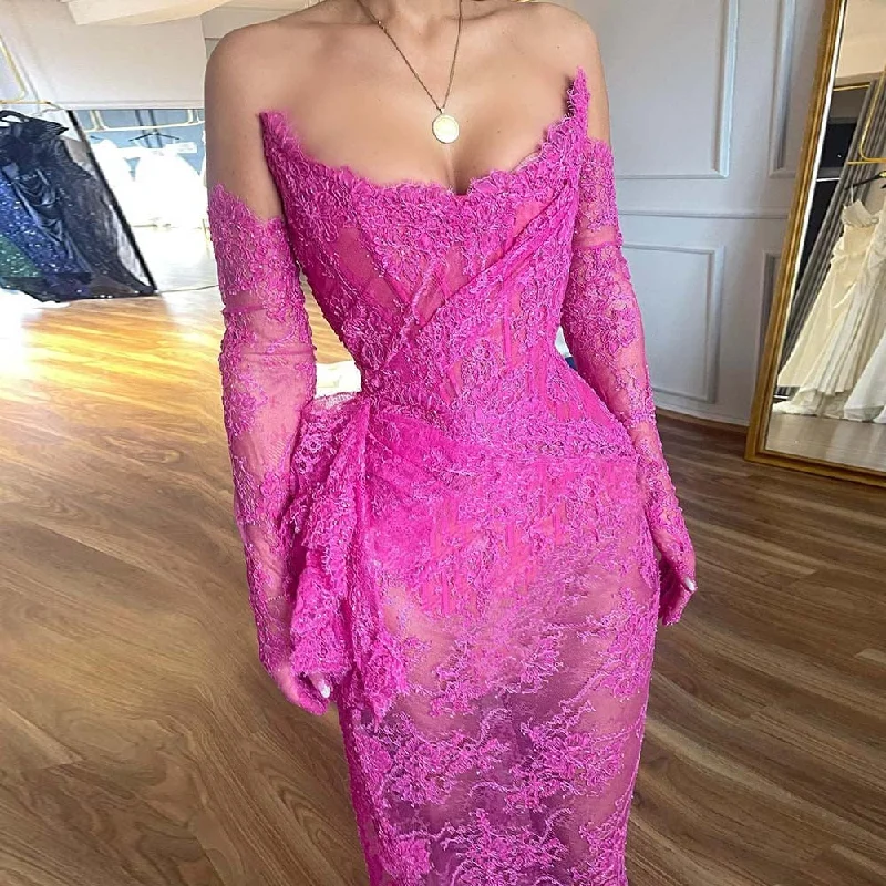 relaxed fit dressHot Pink Prom Dresses V-Neck Sleeveless Lace Evening Gowns Sleeveless High Quality Illusion Sexy Mermaid Formal Party Dress