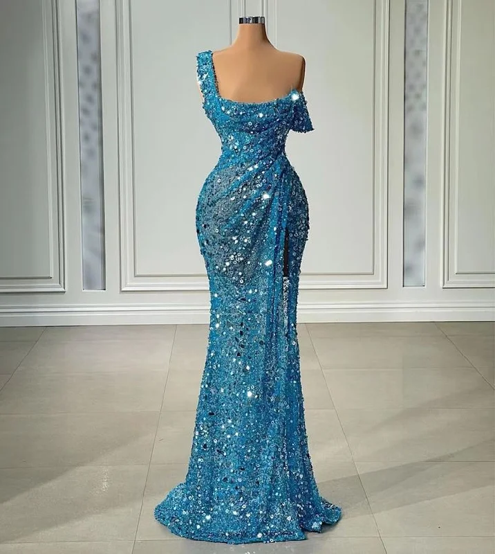 chic wrap dressOne Shoulder Sparkly Evening Dress Long Mermaid Blue Sexy Formal Dress Y6112