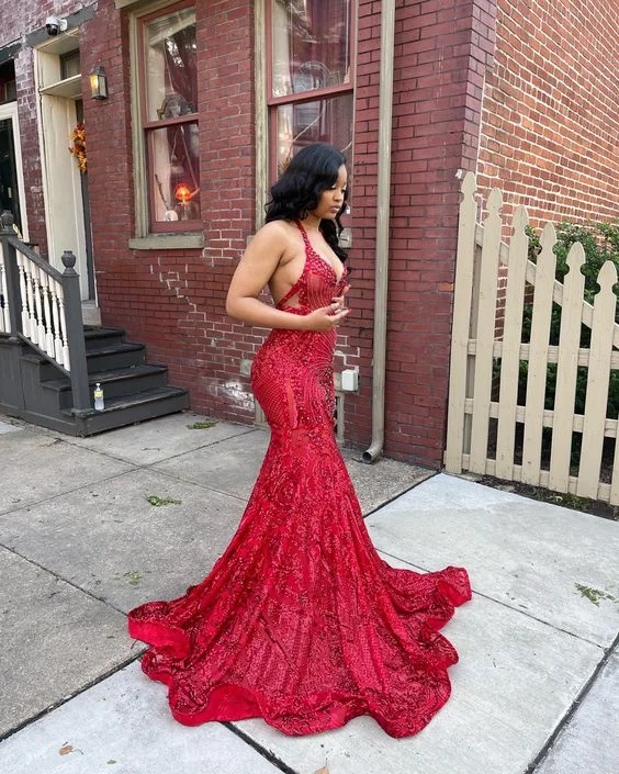 cocktail dressLuxurious Red Mermaid Sleeveless Prom Dress,Red Glam Dress Y6696