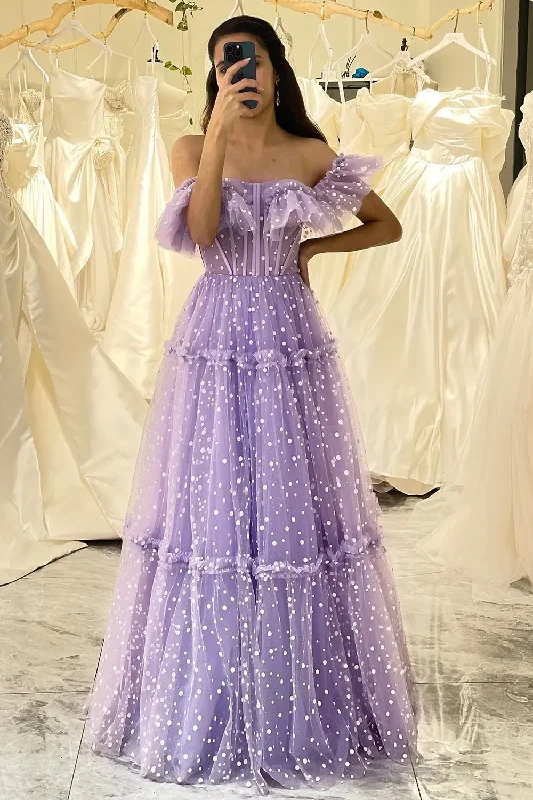 lace dressOff the Shoulder A-line Evening Gowns Lilac Dot Tulle Lace Up Corset Long Prom Dress Sweetheart Ruched Quinceanera Dresses 2024