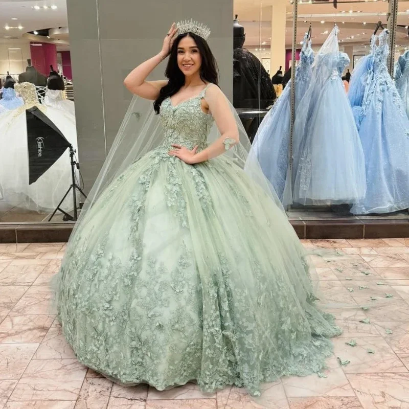 stylish party dressSage Green Luxury Quinceanera Dresses With Cloak Butterfly Lace Tull Birthday Party Prom Vestidos De 15 Anos Ball Gowns