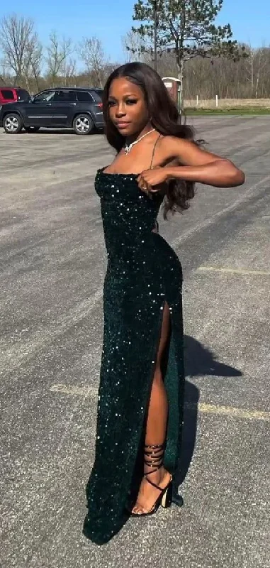 v-neck dressMermaid Sequins Dark Green Long Prom Dresses 22th Birthday Outfits