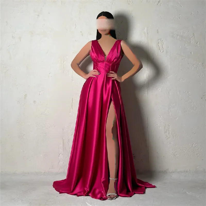 wrap dressSimple Elegant Modern Floor-length Sleeveless Evening Dresses For Woman V-Neck Satin Prom Gowns Side Split A-Line Party Dress