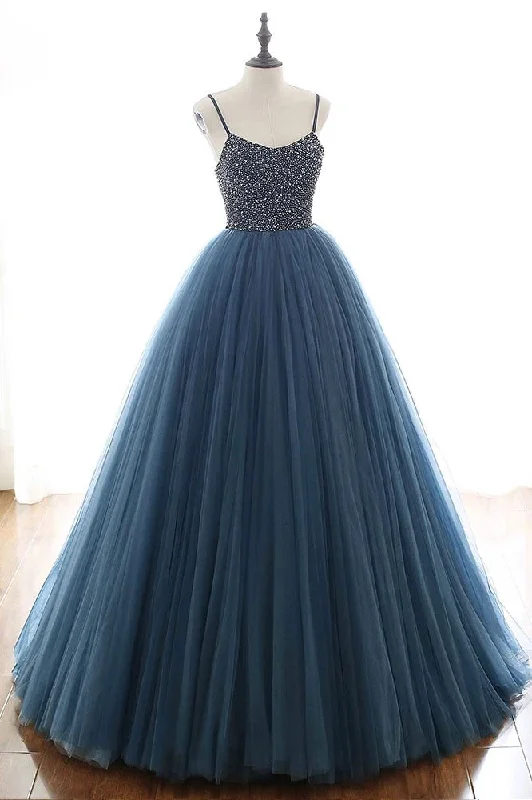 stylish dressNavy Blue Ball Gown - Spaghetti Straps Beaded Bodice