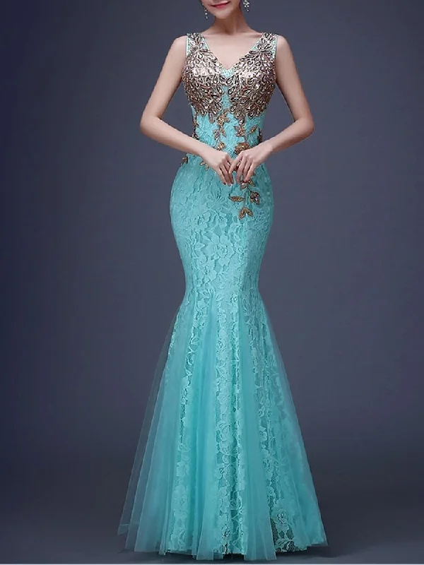 luxury dressBerriesJam - Mermaid Sleeveless Tulle Formal Lace Evening Dress