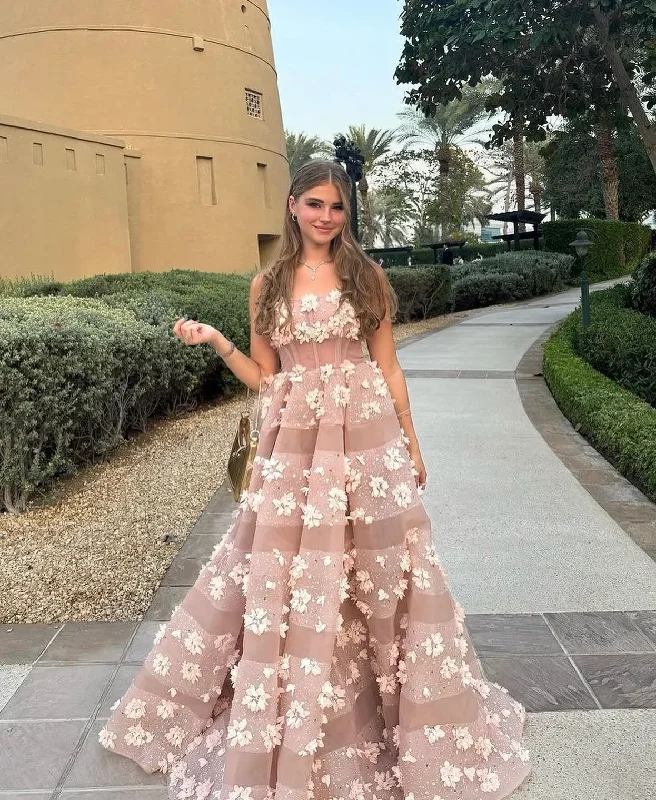 boho-chic dressGarden Arabic Blush Pink Bloom Evening Dresses 3D Flower Shiny Lace A-line Evening Gowns Wedding Guest Dresses