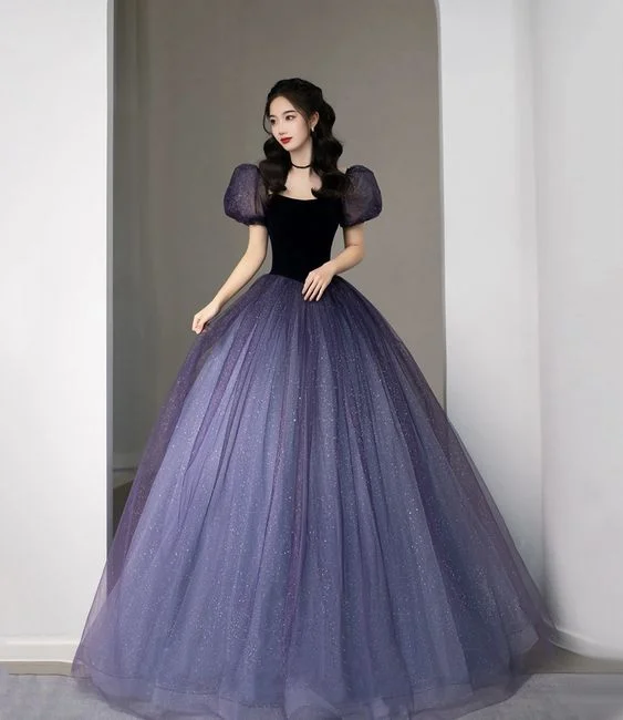 wool dressPurple Tulle Sequin Long Princess Dress Evening Gown Y5619