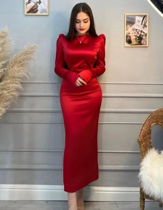 oversized dressModest Red Long Sleeves Evening Dress,Simple Red Prom Dress Y6564