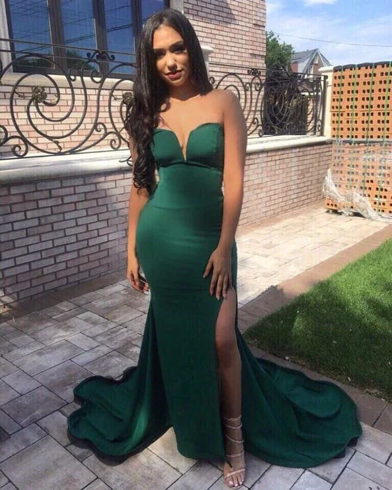 playful dressGreen Strapless Mermaid Split Long Prom Dresses With Sweep Train, Mermaid Green Formal Dresses, Evening Dresses