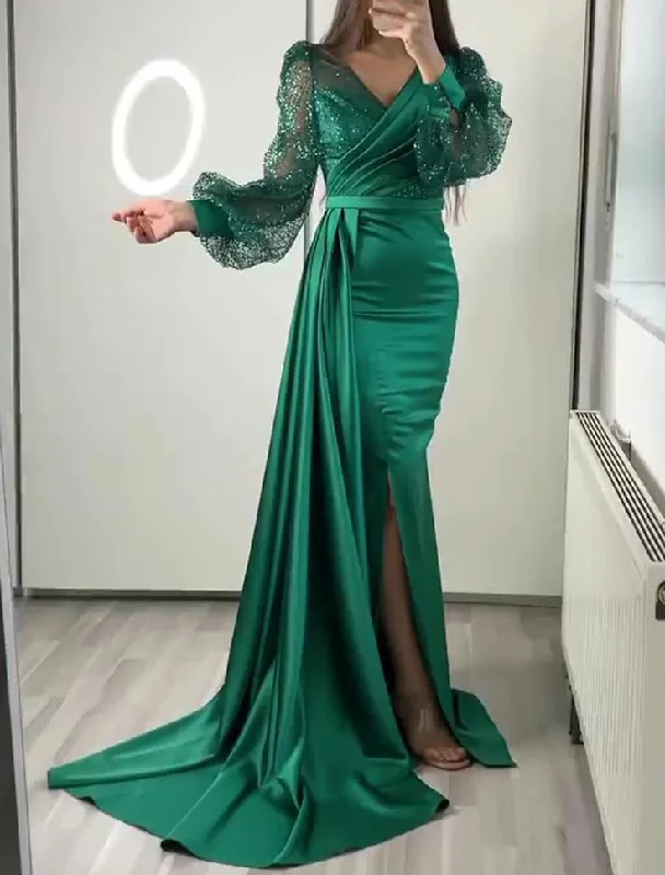 chic slip dressDark Green Mermaid V Neck Satin Evening Dress Long Sleeves Y6109