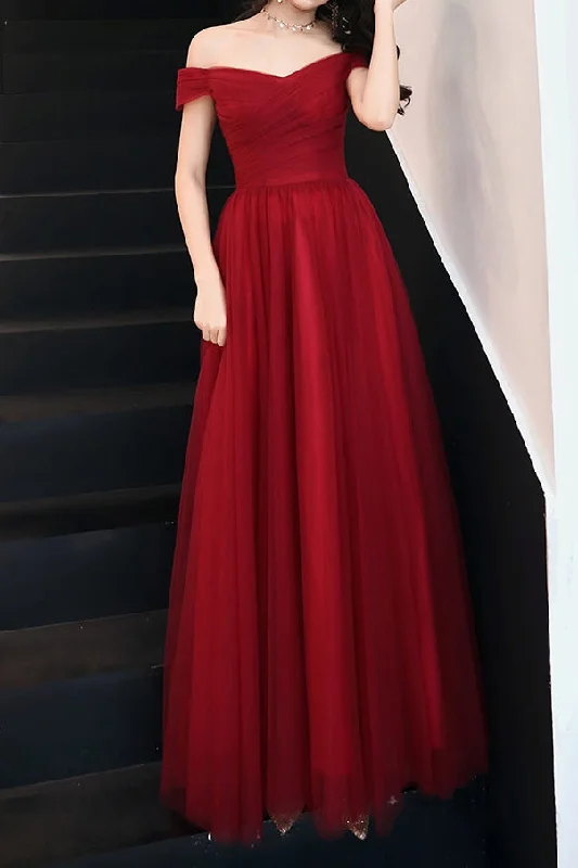 fitted dressElegant Off Shoulder A-Line Pleated Burgundy Long Prom Dress