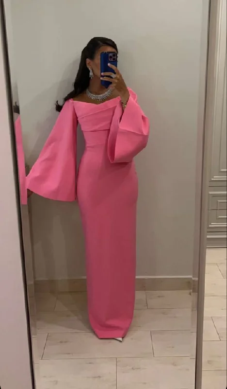 casual slip dressPink Sheath/Column Evening Gown Long Sleeves,Pink Prom Dress Y6039