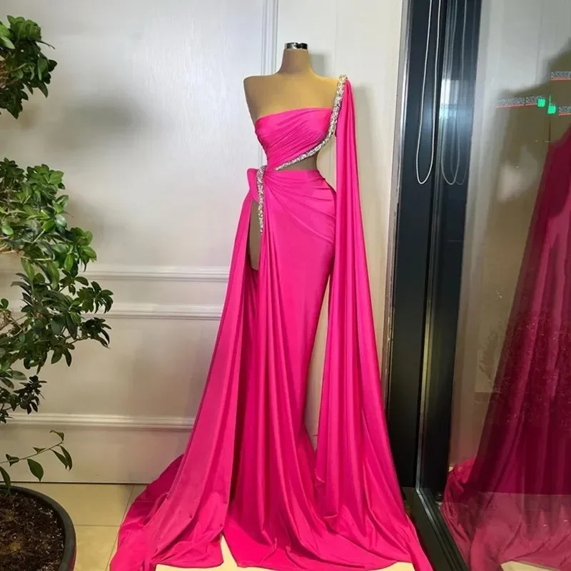 chic shift dressElegant Hot Pink Mermaid One Shoulder Sleeve Evening Dresses Beading Saudi Arabia Prom Party Dresses With Shawl Side For Women