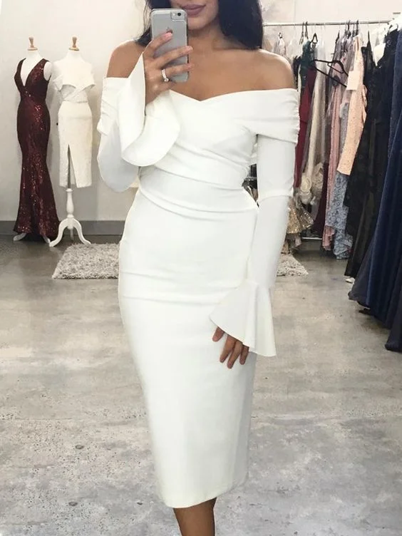 summer dressWhite Off The Shoulder Sheath Party Dress,White Homecoming Dress,White Cocktail Dress Y6873