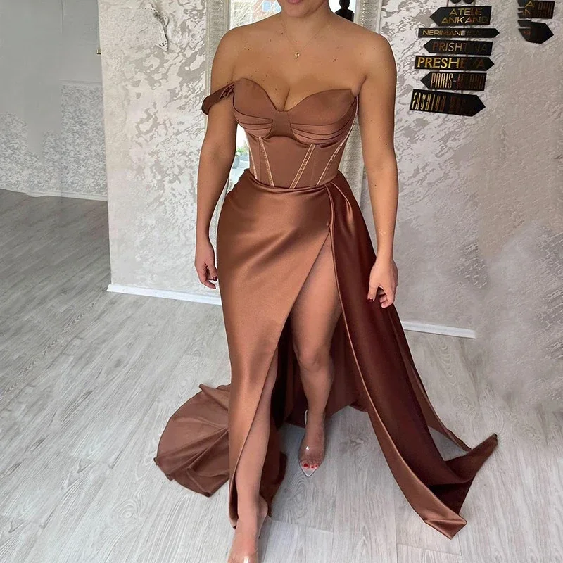 puff sleeve dressChocolate Sweetheart Formal Evening Gowns Sexy Corset Prom Dresses Sexy Side Split Satin Evening Party Dress