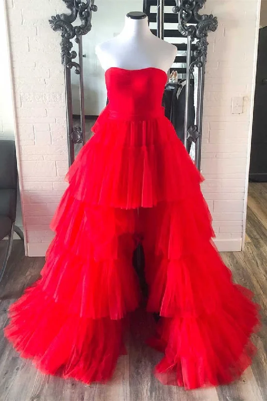 backless dressStrapless High Low Tiered Red Tulle Prom Dress