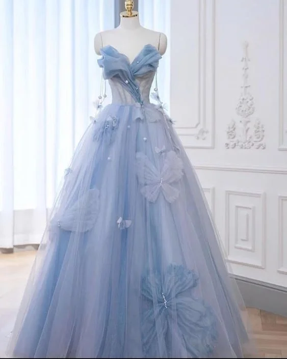 denim dressA-Line Blue Tulle Long Prom Dress, Blue Tulle Formal Dress Y6774