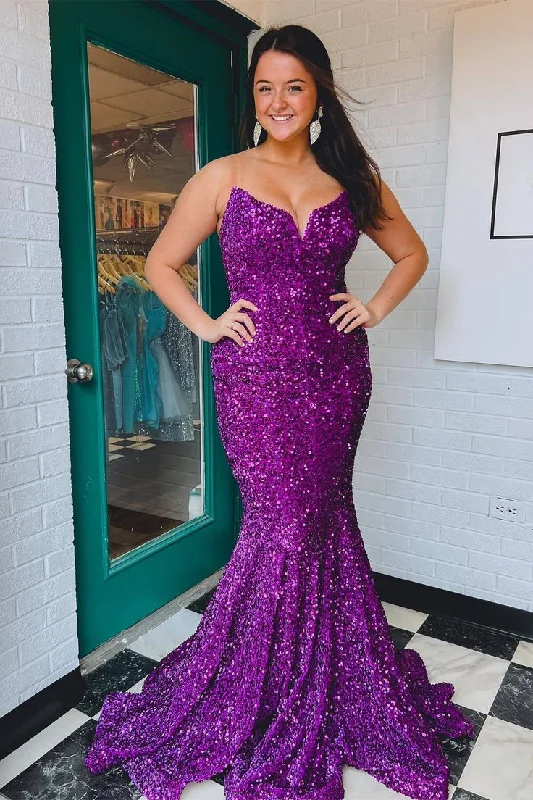 casual day dressStrapless Sequin Purple Evening Dresses Mermaid Long Prom Dress