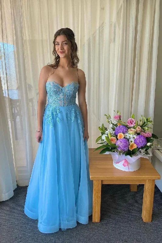 summer dressSweet Blue Appliques Tulle Long Formal Dress