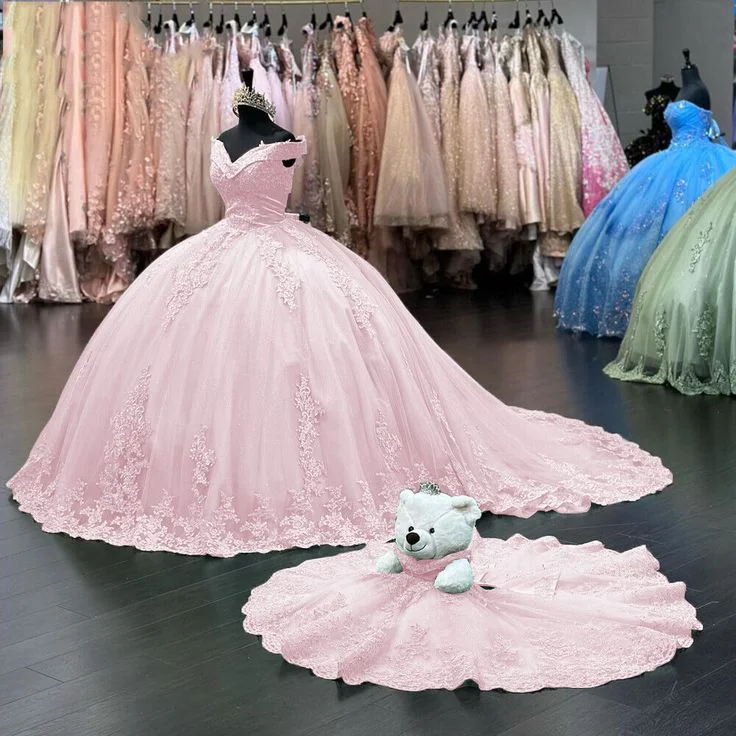 chic dressOff Shoulder Pink Sweet 16 Quinceanera Dresses Lace Birthday Ball Gown Y7245