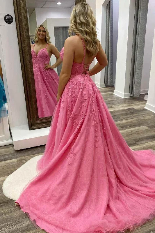 v-neck dressHot Pink A-line Lace Appliques Prom Dress