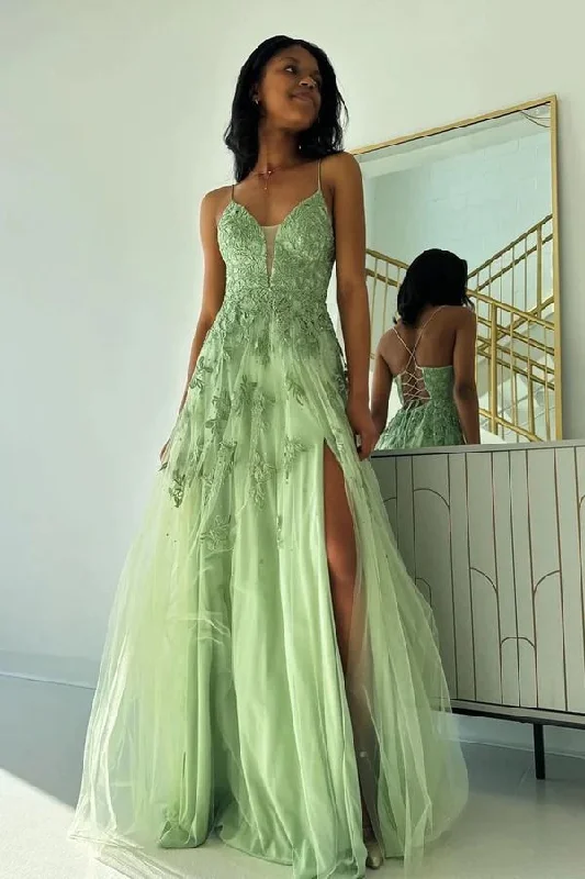 casual slip dressSage Green V Neck Tulle A-Line Long Prom Dresses with Appliques