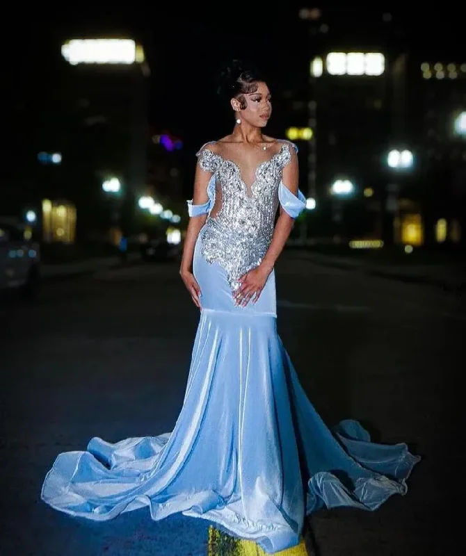 long sleeve dressIce Blue Sparkly Trumpet Long Prom Birthday Party Dresses for Black Girl Luxury Diamond Gillter Evening Gala Ceremony Dress