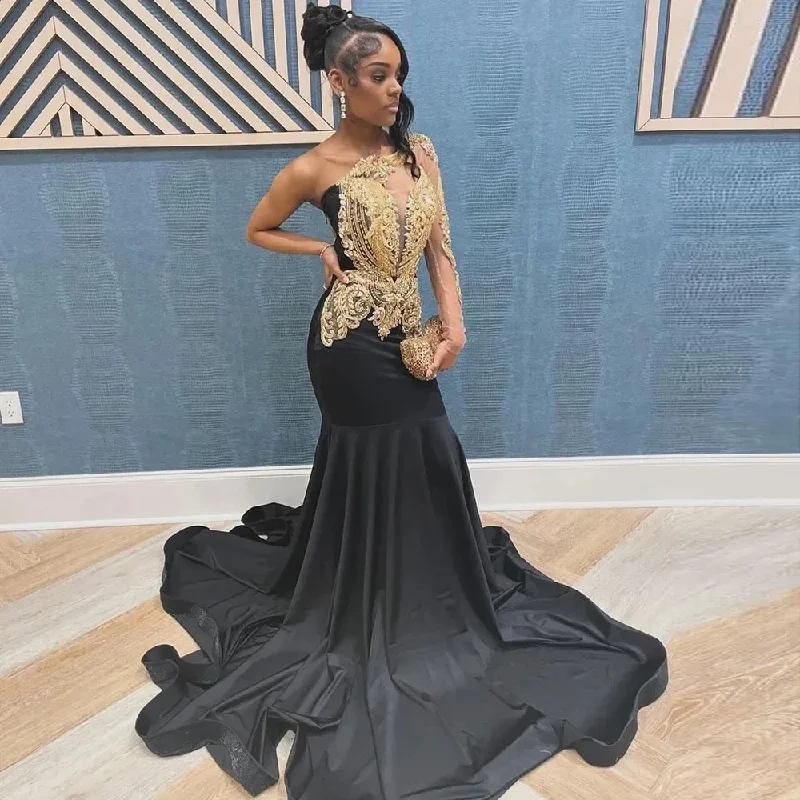 sleek midi dressSexy One Shoulder Mermaid Prom Dresses for Black Girl 2024 Luxury Gold Lace Appliques Plus Size Formal Evening Occasion Gown ves