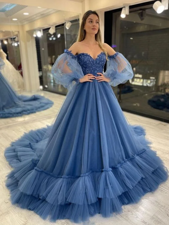 casual shift dressSweetheart Neck Tulle Blue Prom Dress, Puff Sleeves Long Blue Formal Evening Dress Y6172