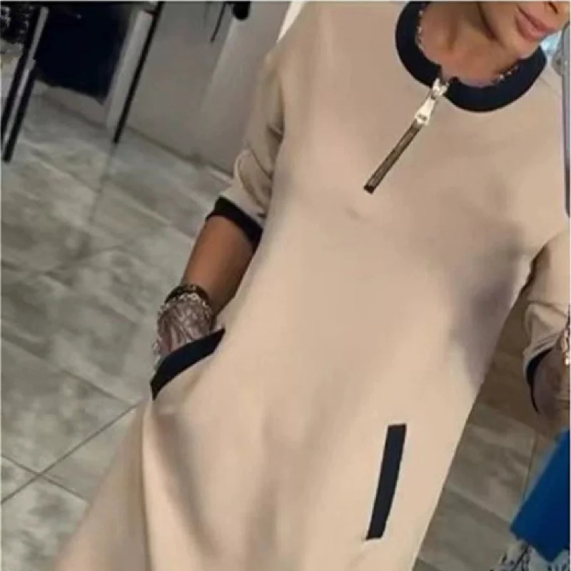 modern dressWomen's Midi Dress Round Neck Zipper Pocket