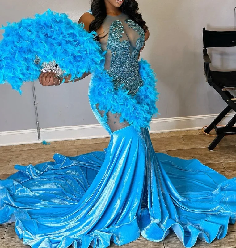 ashionable dressLegend Blue Velvet Feathers Mermaid Golden Crystal Beading Prom Dresses Luxury Designer Party Black Girls Bespoke robe de bal