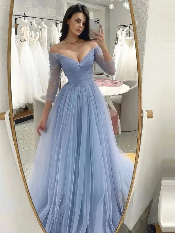 fitted dressLight Blue Off Shoulder Prom Dresses V-Neck Simple Tulle A-Line Evening Gowns Long Sleeves Bridesmaid Dress for Wedding