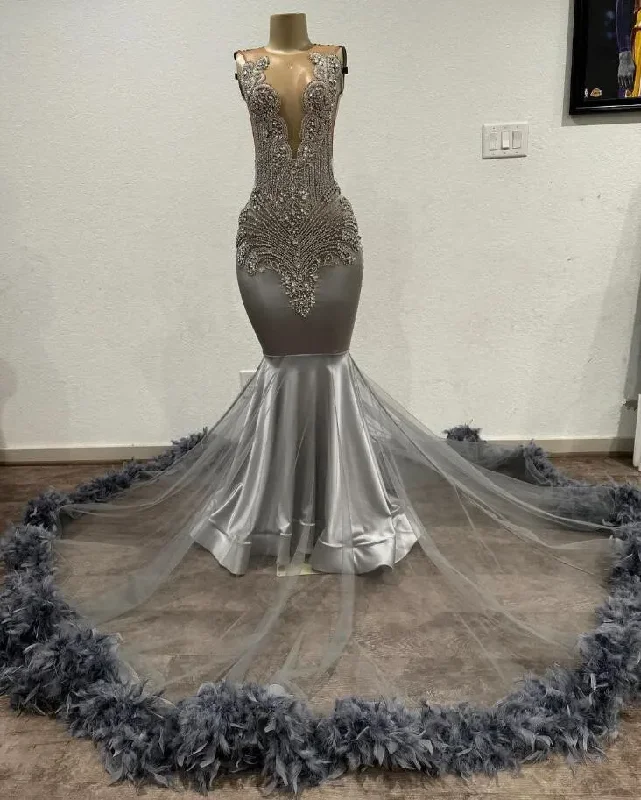 playful dressIvy Silver Diamond Mermaid Evening Birthday Gala Dresses for Black Girl Sparkly Feather Crystal Prom Ceremony Party Foraml Dress