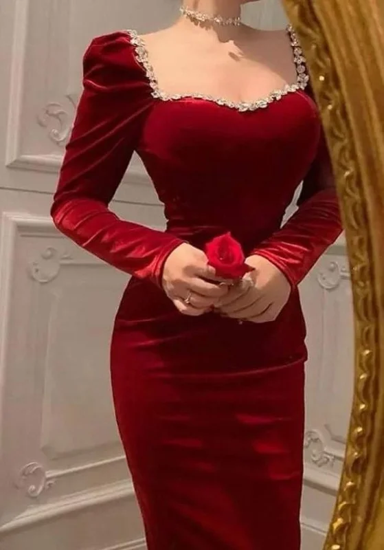 sophisticated dressRetro Style Red Velvet Long Sleeves Evening Dress,Red Evening Gown Y5556