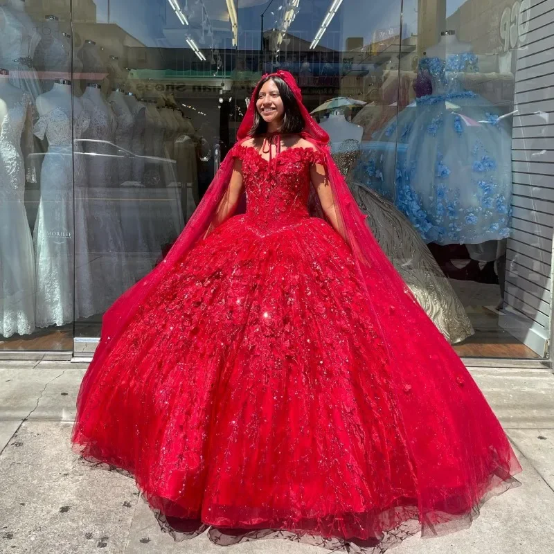 layered dressRed Quinceanera Dresses 2024 Ball Gown Sweet 16 Dress With Cape Applique 3DFlower Pageant vestido de 15 anos quinceañera