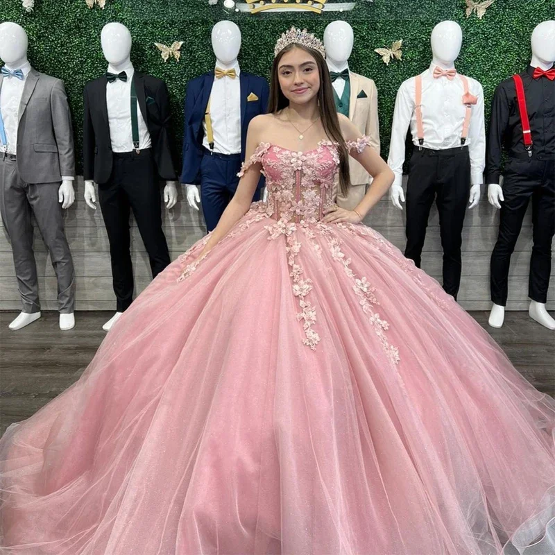 floral wrap dressPink Floral Quinceanera Dresses Off Shoulder 3D Flower Lace Appliques Birthday Party Ball Gown Vestidos De 15 Anos