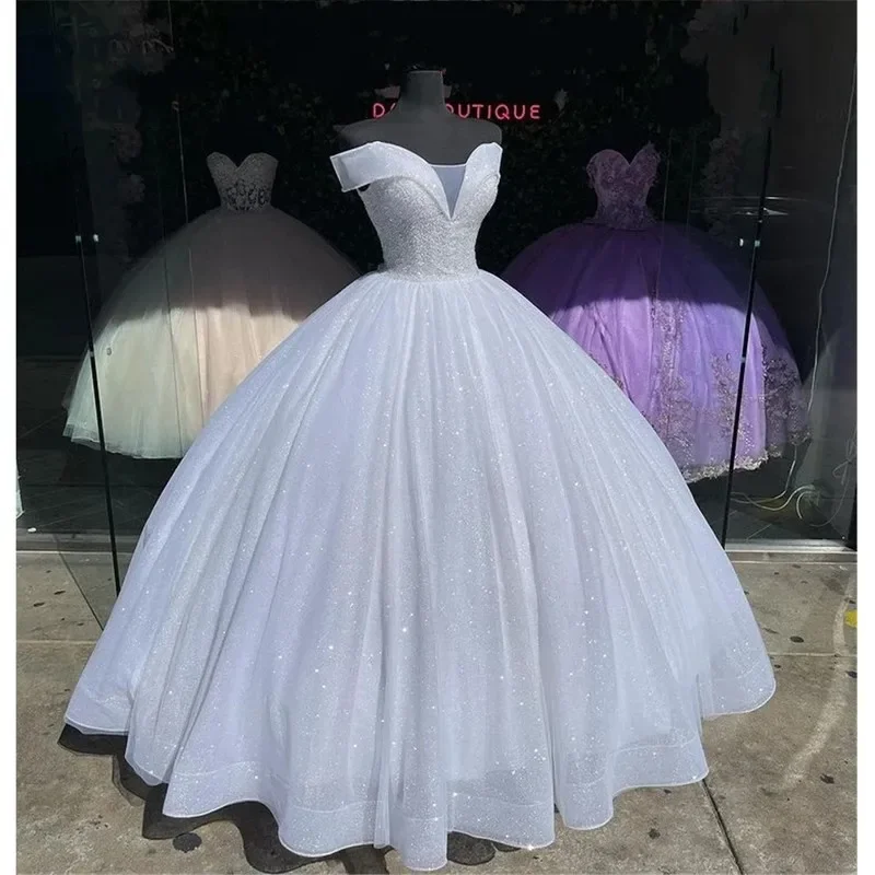 flowy dressoff-Shoulder White Quinceanera Dresses Vestidos De 15 Anos Skirt Gillter Birthday Princess Party Gowns