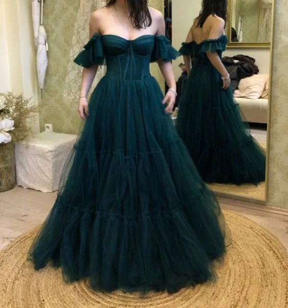 casual day dressGreen Off The Shoulder Tulle Prom Dress Y6809