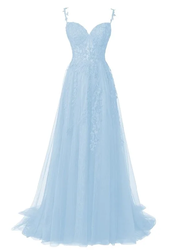 trendy wrap dressBlue Flower Lace Appliques Tulle Long Prom Dresses for Teens Y7044