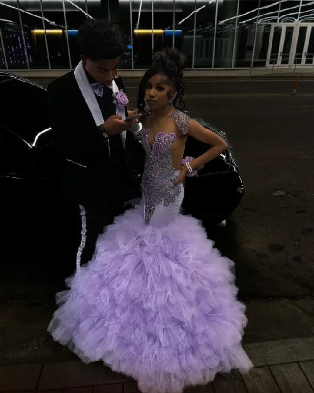 long-sleeve floral dressLilac Lavender Sparkly Mermaid Prom Ceremony Party Dresses for Black Girl 2024 Luxury Diamond Crystal Ruffles Evening Gala Gown