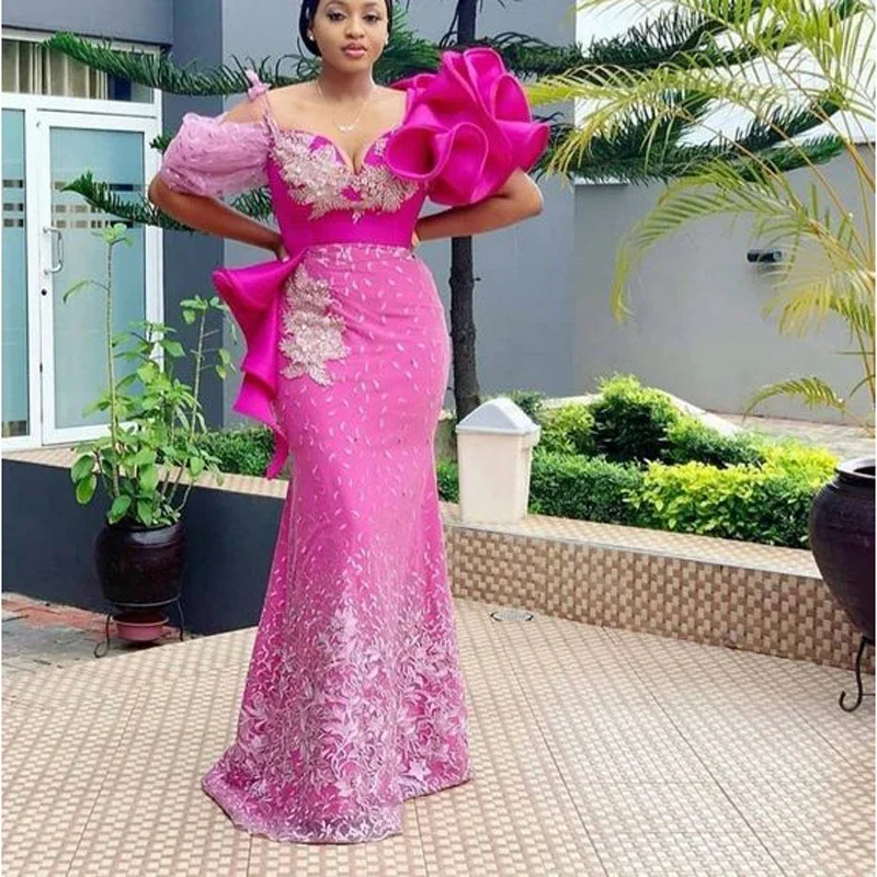 elegant dressFuchisa Robe Plus Size Evening Dresess Mermaid Ruffles Flowers Appliques Beads Sequins Lace Prom Dress Aso Ebi Party Gowns