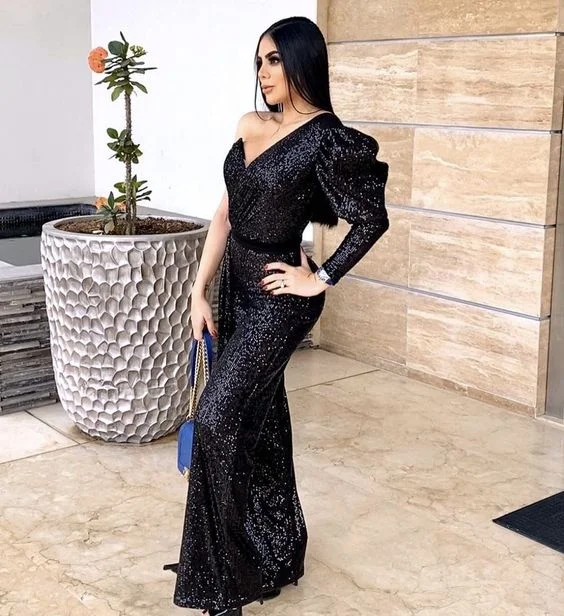 fitted bodycon dressBlack Sequins One Sleeve Mermaid Prom Dress,Black Evening Dress Y5880