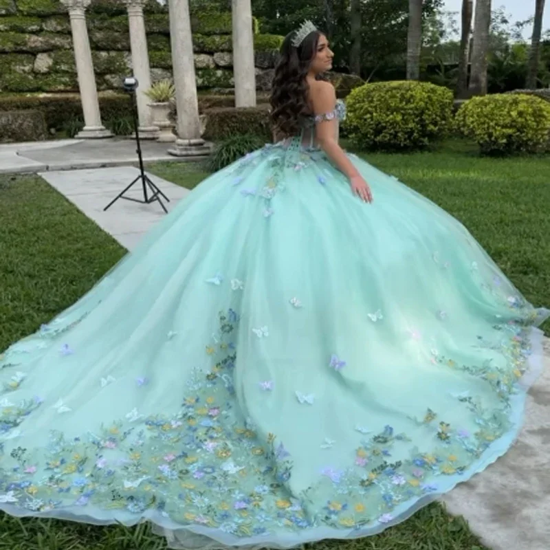 backless dressLight Green Quinceanera Dress Ball Gown 3D Butterfly Applique Beading Tull Corset