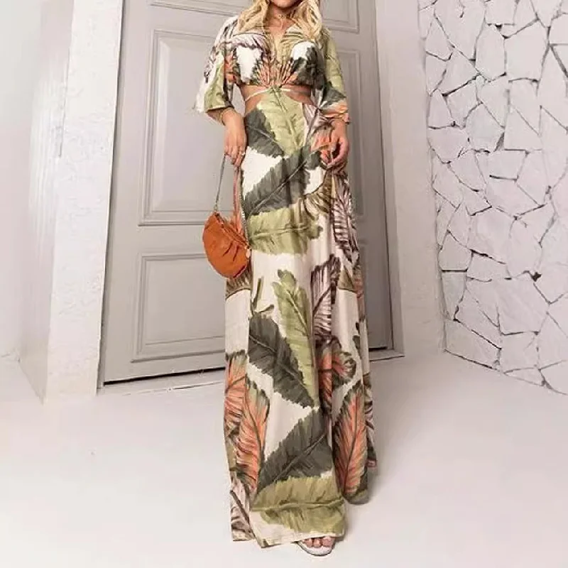 evening dressEuropean And American Leisure V-neck Tube Top Printing Dress