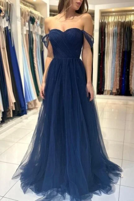 fitted cocktail dressElegant Long Navy Blue Off-the-shoulder A-line Sleeveless Prom Dress Y6767