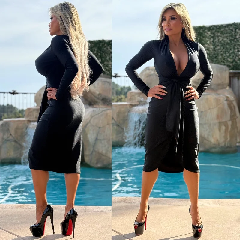 sleek dressConnie's LIMITED "SOPHISTICATED VIXEN 🍸NIGHT OUT🍸 MIDI" SHINY SHEEN BLACK EXTREME PLUNGE, Super Stretch fit