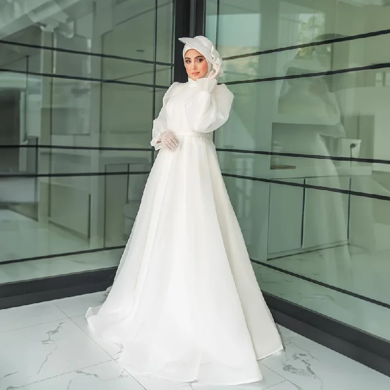 statement dressHoly Wedding Dresses for Bride High Neck Long Sleeve A Line Pleats Muslim Garden Beach Bridal Gowns vestidos de novia