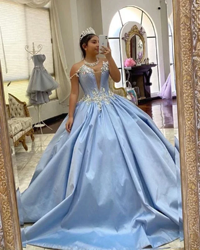 boho dressLight Blue Crystal Ball Gown Quinceanera Dresses Off The Shoulder Satin Formal Prom 15th Princesss Party Dress