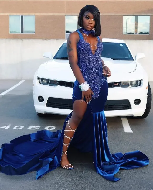 trendy bodycon dressKing Blue African Prom Dress for Women Sparkly Crystal Beaded Slit Velvet Black Girl Birthday Celebrity Queen Gown Gala